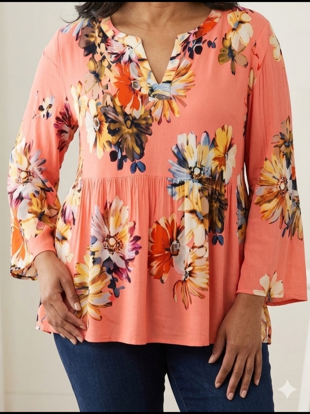 Coral Floral Split-V Neck Peplum Tunic Top